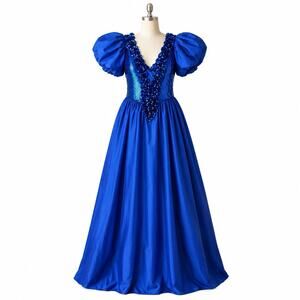 Vtg 80’s Alyce Designs Sequin Ruffle Puff Sleeve Prom Dress Gown Blue 14 USA